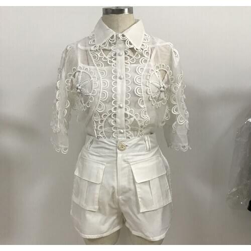 QUALITY New HIGH Stylish 2021 Runway Suit Set Womens Embroidery Hollow Out Loose Blouse Shirt Shorts Set