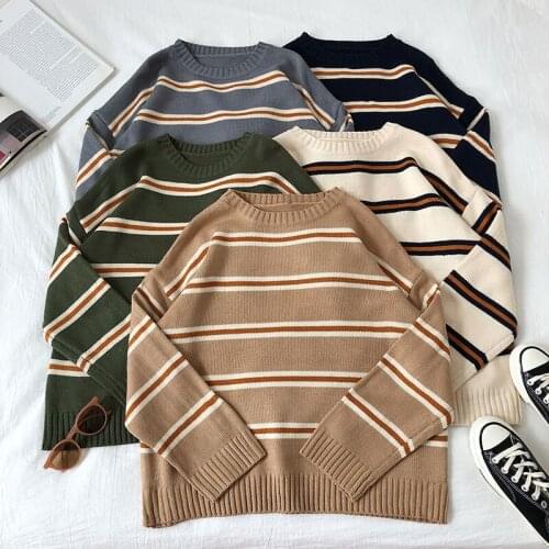 New Women Korean Striped Vintage Sweater Autumn Winter Loose Oversized Harajuku Pullover Tops Woman Fashion Knitted Sweater