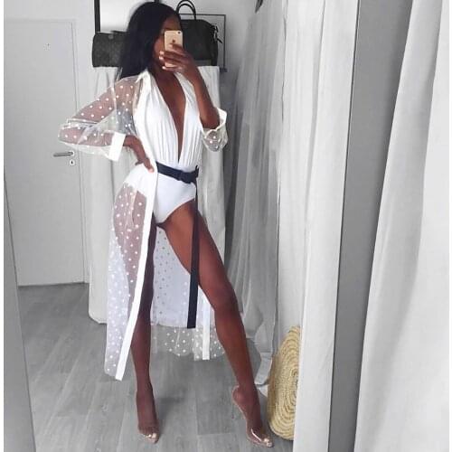 Womans Polka Dot Beach Smock Sexy Lapel Long Sleeve Mesh Perspective Cover Up for Daily Life and Vacation Beach Dress Bathing
