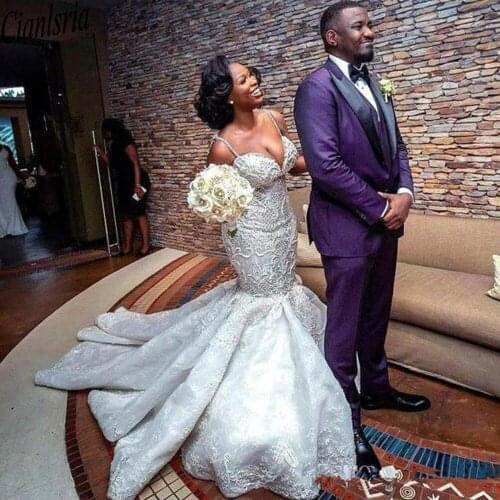 Luxury Beading Pearls Sleeveless African Long Mermaid Wedding Dress Spaghetti Straps Appliques Lace Bridal Gown Vestido de novia