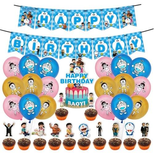 1Set Doraemon Theme Latex Balloon For Happy Birthday Party Decoration Jingle Cat Banner Cake Topper Balloon Supplies Kids Toys