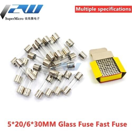 100Pcs/lot 5 * 20 6*30 Glass Fast Fuse Fuse No 250V 0.1A 0.2A 0.5A Fuse Kit 1A 2A 3A 4A 5A 6A 7A 8A 10A 12A 15A 20A Quick 6X30mm