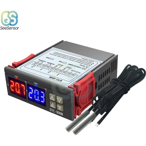 12V 24V 220V Dual Digital Temperature Controller Two Relay Output Thermostat Thermoregulator 10A Heating Cooling STC-3008