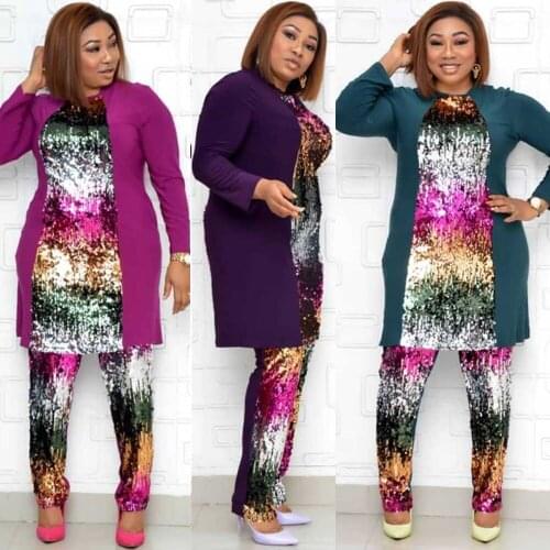 2021 African Set For Women Ankara Dashiki Fashion Clothing Tops Pants Long Sleeve Sequins Dubai Evening Suits Two Pieces Africa