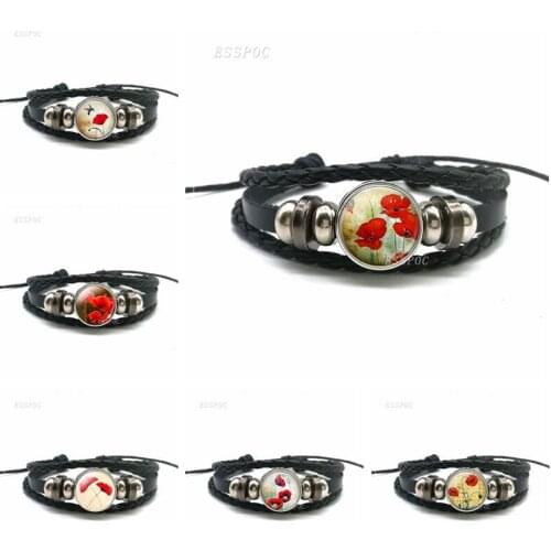 Flower Accessories Girl Gift Red Poppy Glass Dome Flower Leather Pendant Black Button Bracelet Jewelry