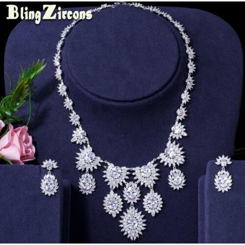 BeaQueen Gorgeous Cubic Zirconia Heavy Wedding Jewelry Sets Big Flower Dropping Earrings Necklace Jewelery for Women JS174