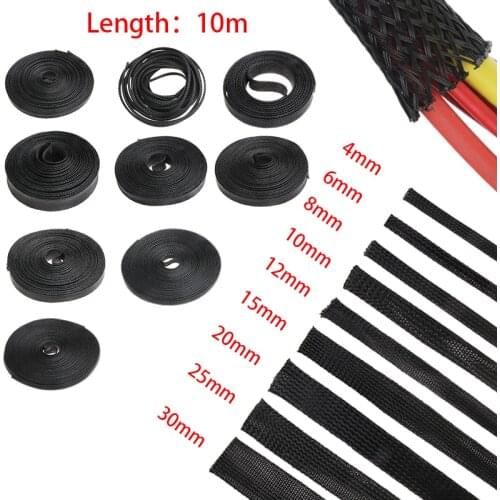 10M Black Insulation Braided Sleeving 4/6/8/10/12/15/20/25mm Tight PET Wire Cables Protection Expandable Cable Sleeve Wire Gland
