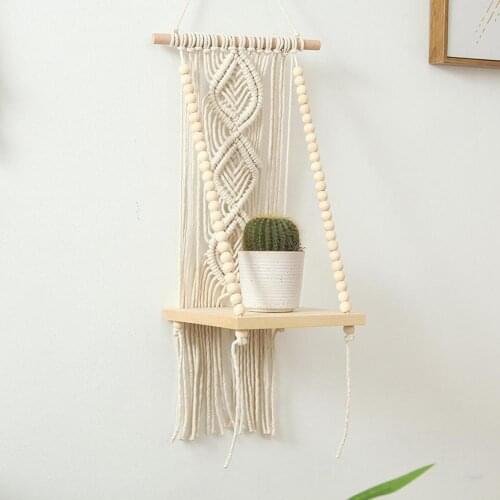 Nordic Decorative Shelf for Planter Bohemian Macrame Tassel Cotton Rope Woven Wall Hanging Shelf Wood Floating Shelf Wall Decor