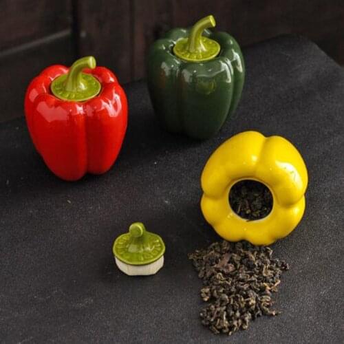 Red Yellow Green Pepper Vegetable Ceramic Crafts Teaware Tea House Creative Decoration Tea Caddy Sealed Storage Tea Leaves Jar