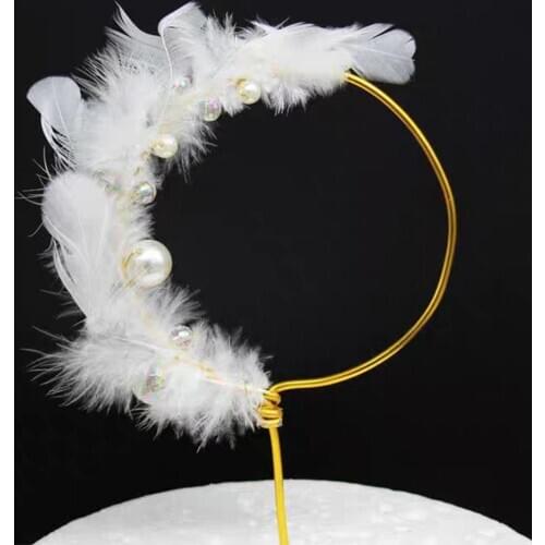 Feather Fake Pearl Ring Cake Topper Romantic Wedding Birthday Party Decoration