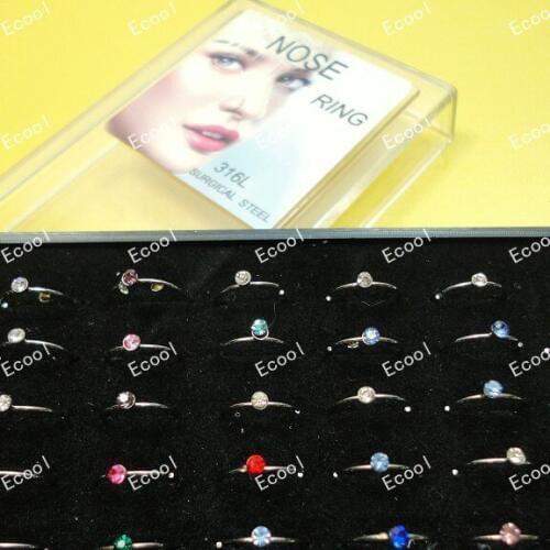 Whole 40Pcs Jewelry Nice Body Pierce Crystal Nose Ring Bulk Lots Bullring Display Box LR312 free shipping