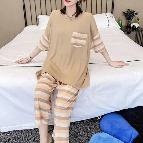Size 8XL 150KG 2pc/set Striped Pajama Suit Female Sleepwear Women Plus Size Soft Pajama Sets Short Sleeve Summer Nightwear