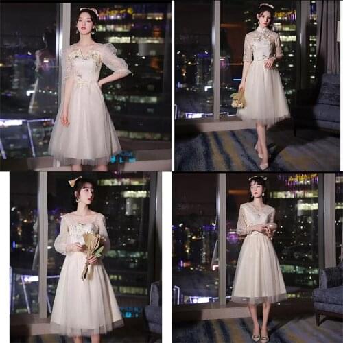 Bridesmaids Dress Illusion Half V-Neck A-Line Tulle Lace Embroidery Sequined Knee-Length Champagne Women Wedding Party Gown E631