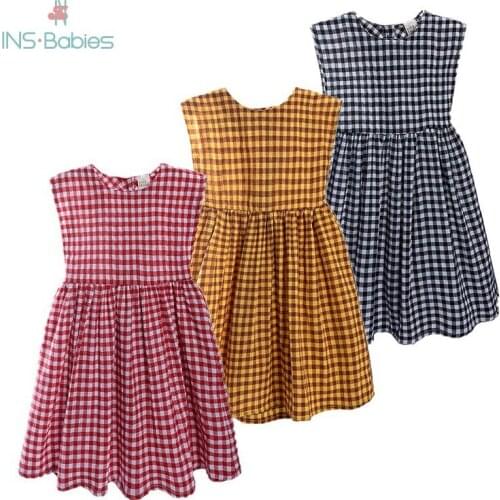 Summer Girls Dresses Kids Clothes 2021 New Baby Short Sleeve Princess Style Plaid Dress Fashion Pure Cotton Dress For 2-5y Girl