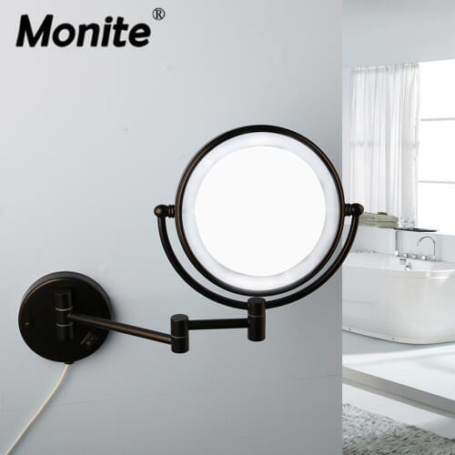Monite Matte Black Makeup Mirror LED Wall Mounted Extend Folding 2 Faces LED Light Mirror 3x Magnification Bath Toilet Mirror