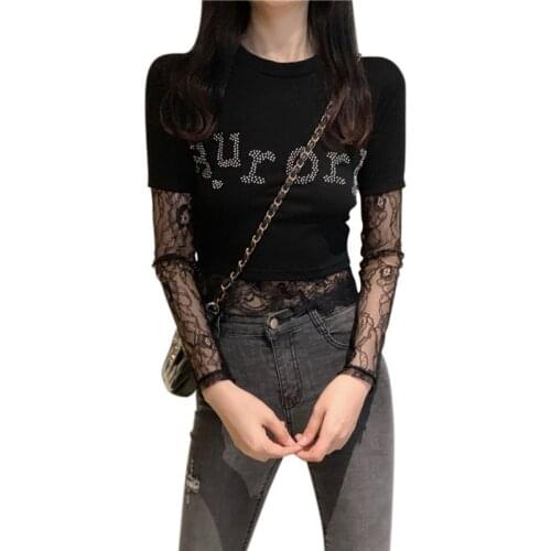 Fashion Lace Stitching Fake Two-piece Transparent T Shirt Rhinestone Letter Print Long-sleeved Slim Lady T Shirt Top