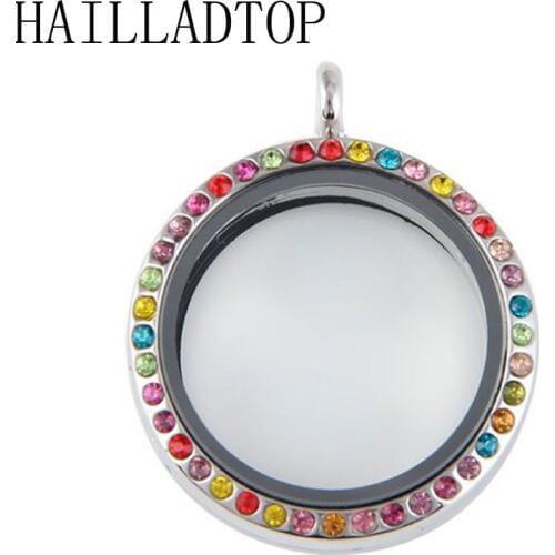 Trendy Round Crystal Pendant Glass Locket Silver Rhinestone Floating Locket Memory Living Locket Necklace for women Free Chains