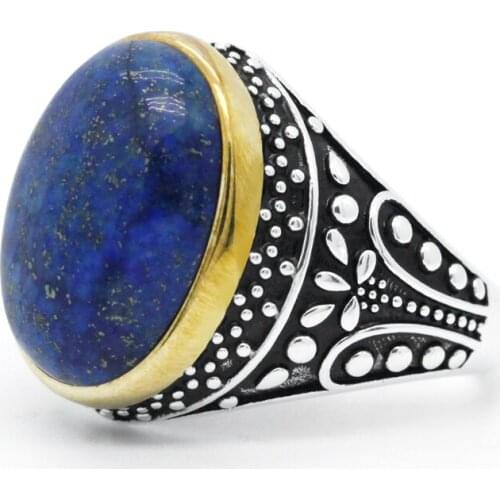 Turkish Jewelry 925 Sterling Silver Mens Ring Natural Lapis Stone Ring Water Drop Design for Male Fine Jewelry