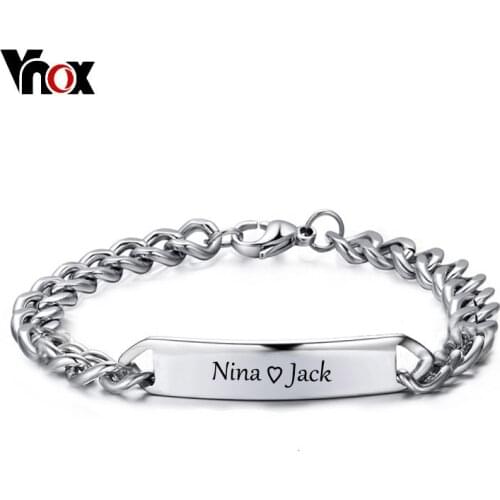 Vnox Customize Engrave ID Bar Bracelet for Men Stainless Steel Classic Simple Personalize Name Info Male Jewelry Gift