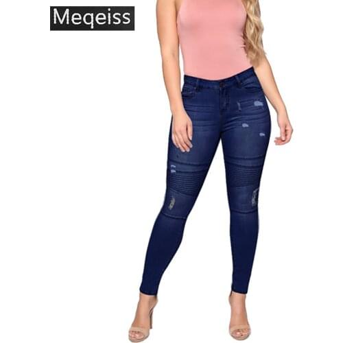 Meqeiss Skinny Jeans Women Moto Biker Cotton Denim Pants Anker Length Pencil Pants Casual Trousers Blue Stretchy Ripped Jeans