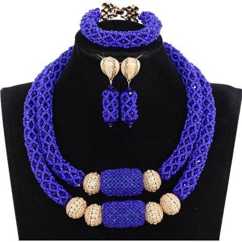 Charms 2 Layers Royal Blue Wedding Nigerian Crystal Beads Jewelry Set African Bridal Statement Necklace Set WE164