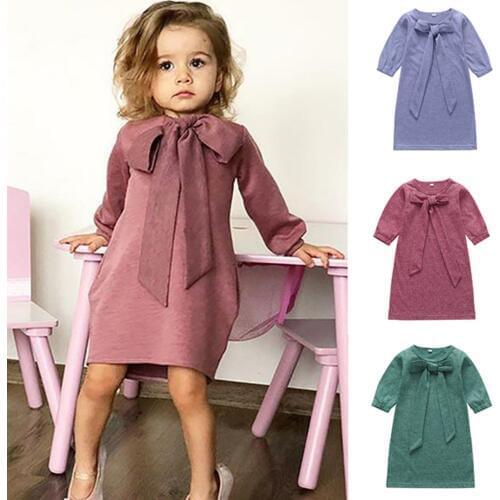 Bow Baby Girl Clothes Dress O-neck Long Sleeve Leisure Kids Girl Dress Cotton Childrens Dress For Summer Roupas Infantis Menina