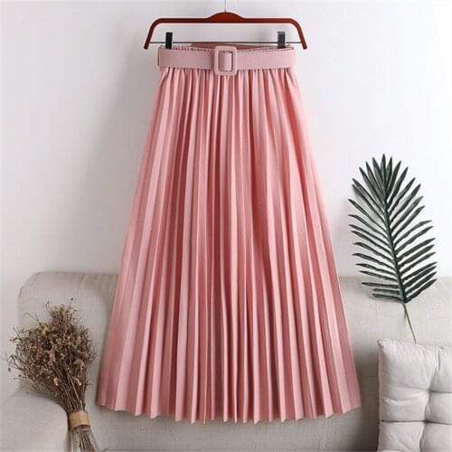 Women Fashion High waist slim with belt pleated skirt glittering mid-length skirt