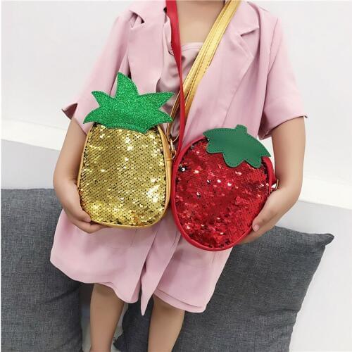 Women Casual Mobile Phone Bag Fashion Children Sequins Bags Pineapple/Strawberry Shape Design Cute Child Shoulder Bag Crossbody