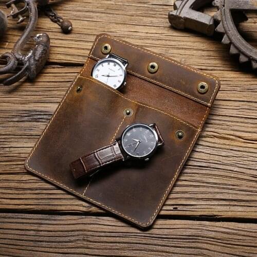 Luxury Brown Leather Watch Box Pouch Rustic Portable 2-Slot Watch Organizer Bag Holds with Buttons