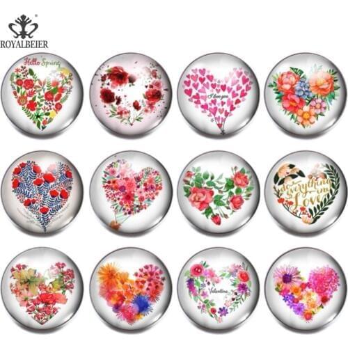 Royalbeier 12pcs/lot New Glass Snap Jewelry Mixed Heart Pattern 18mm Snap Button Bracelet Glass Beads for Jewelry Making kg0054