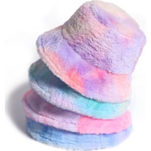Women Winter Rainbow Colorful Tie Dye Bucket Hat Fluffy Fuzzy Plush Short Brim Sunscreen Thick Warm Outdoor Panama Fisherman Cap