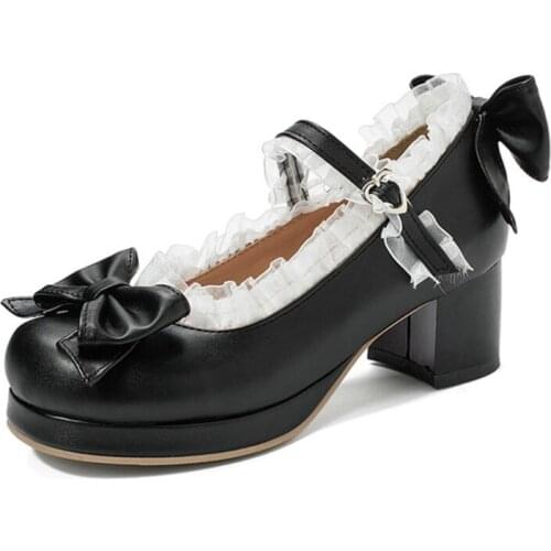 Girls Sweet Lolita Ruffles Bowknot Lace Bridal Wedding Shoes Women High Heel Bordered Princess Dress Men Pink Plus Size 35-39