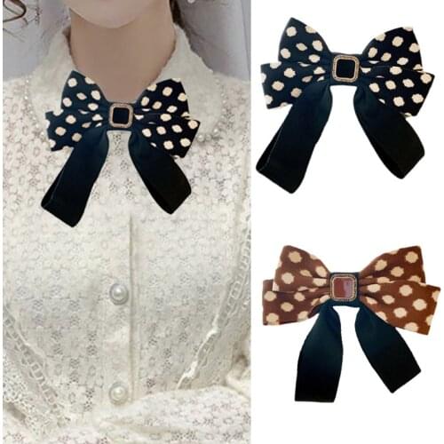 Womens Bow Tie Retro Ribbon Dot Crystal Collar Pin Brooch Bowtie Women School Business Casual Uniform Shirt Accessories Gift