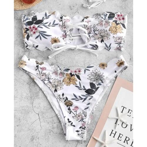 2020 Women Floral Lace-up Scalloped Bandeau Bikini Set Push-up Swimwear Swimsuit Biquini Plus Size Strapless Ruffle Bathing Suit