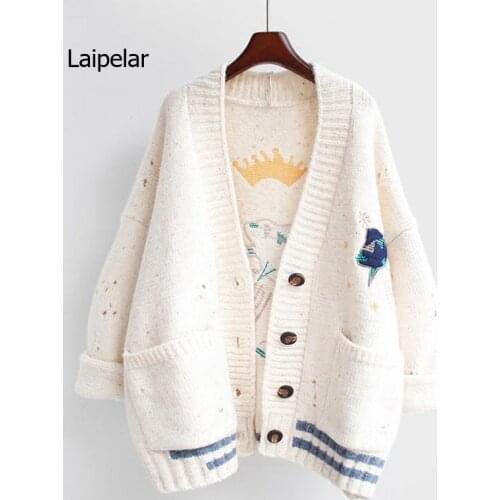 Women Cartoon Embroidery Knitted Cardigan Oversized Sweater Harajuku Loose Elegant V-neck Coat Autumn Winter