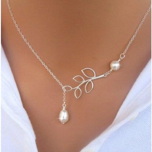 New Long Necklace For Women Romantic Pearl Collares Leaf Shape Chain Necklaces & Pendants Jewelry Gift For Girl 360574