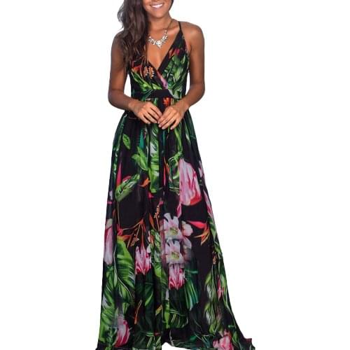 Women Fashion V-neck Backless Dress Stylish Sleeveless Foral Print Beach Dress for Ladies Female Maxi Dresses Elegant Robe