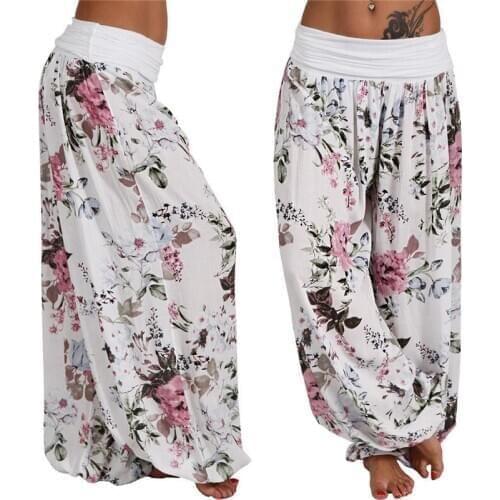 2020 Fashion Women Wide Leg Pants Ladies Casual Indian Style Floral Baggy Loose Comfy Long High Waist Harem Trousers Plus Size