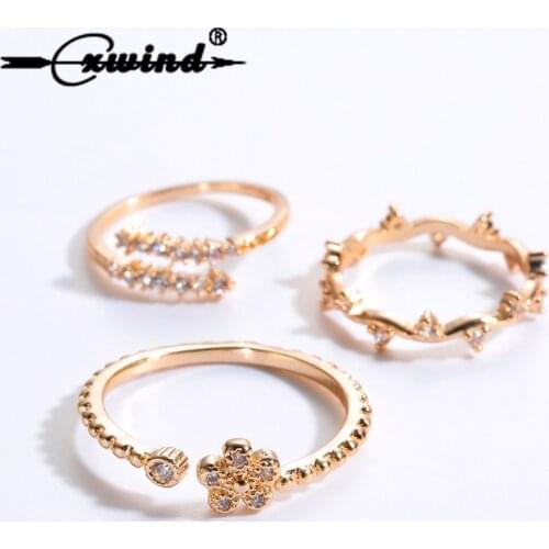 3Pcs/Set New Arrival Zircon Crystal Flowers Rings Sets Gold Midi Ring Boho Beach Sets For Women Wholesale Fashion Gift