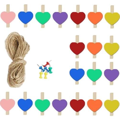 50 PCS Wood Clips Photo Paper Mini Love Colorful Heart Craft Postcard DIY Pin Craft Clips +10m Rope for Party Home Decoration