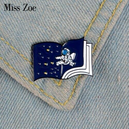 Astronaut Enamel Pin Starry Sky Book Custom Brooches for Bag Clothes Lapel Pin Universe Badge Space Jewelry Gift Kids Friends