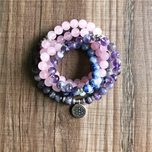 3 Color 108 Mala Beads Bracelet Purple Quartz Sodalite & RoseQuartz Bracelet Wrist Healing bracelets Lotus Yoga Jewelry
