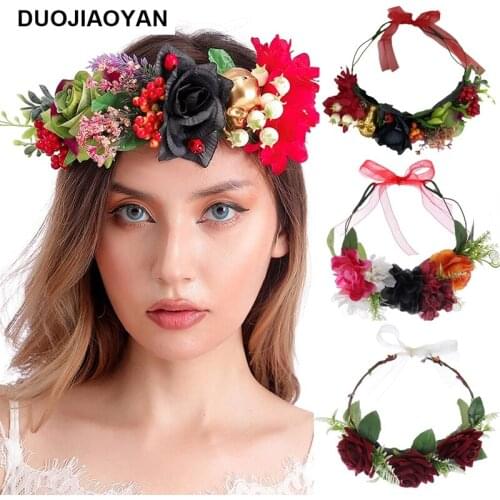 DUOJIAOYAN Party Headband Artificial Flower Crown Golden Skull Hair Wreath Floral Garland Halloween Festival Headpiece