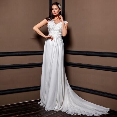 Elegant Sleeveless Chiffon A Line Bridal Gowns 2021 Sweep Train Sheer V-neck Wedding Dress with Applique