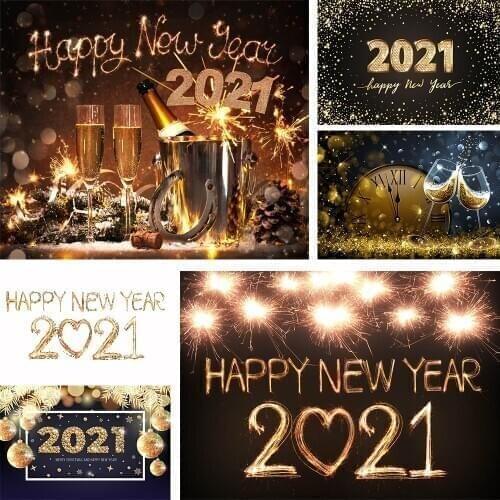 Happy New Year 2021 Photography Background Firework Party Decoration Glitter Champagne Family Christmas Backdrop For Prop Studio
