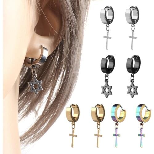 Hot Sale Men / Women Gothic Stainless Steel Dangle Cross Stars Dangle Ear Stud Piercing Hoop Huggies Earring Punk Gothic Jewelry