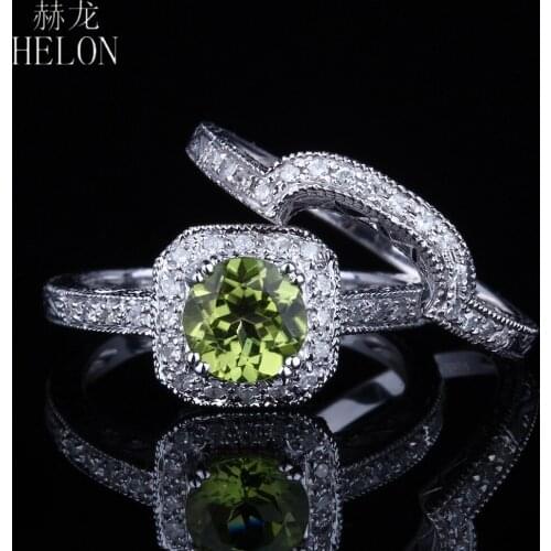 HELON Solid 14K White Gold Round 6mm Peridot Diamonds Engagement Ring Set Diamonds Vintage Wedding Ring Bridal Set Fine Jewelry