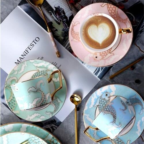 Ceramic Coffee Cup Saucer Set Pink Blue Green Light Luxury Flower Tea Cups Spoon Household Office Use For Tea Beautiful