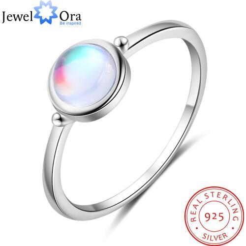 JewelOra Genuine 925 Sterling Silver Rainbow Moonstone Rings for Women Female Wedding Band Simple Ring Silver 925 Fine Jewelry