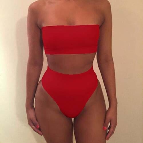 Bikini Set Women Swimwear High Waist Push Up Two Pieces Strapless Sexy Bikini Pure Color Women Swimsuit Padded Bathing Suit